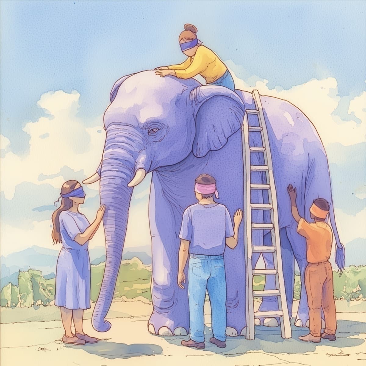A large elephant in soft mist, surrounded by small silhouetted observers